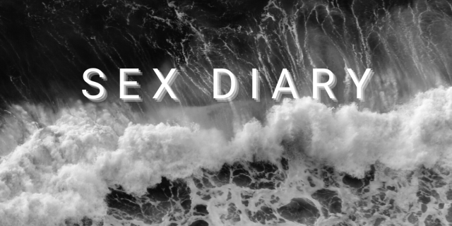Feature image for sex diary shows the title "Sex Diary" on top of a black and white image of a giant black and white crashing wave