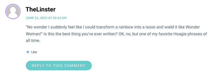 “No wonder I suddenly feel like I could transform a rainbow into a lasso and wield it like Wonder Woman!” Is this the best thing you’ve ever written? OK, no, but one of my favorite Hoagie phrases of all time.