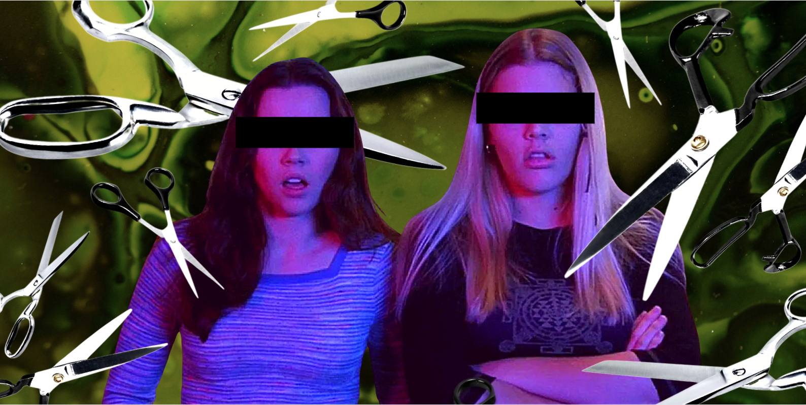 Kim and Lindsay from Freaks & Geeks stand with their mouths slightly open. Their eyes are covered by black bars. Behind them are a bunch of scissors and green toxic sludge.