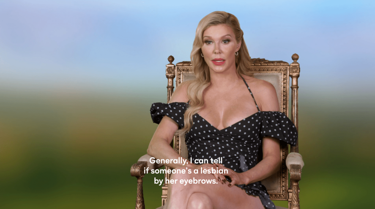 Brandi Glanville, a white woman wearing a black and white polka dot dress, says: "Generally, I can tell if someone's a lesbian by her eyebrows." on Ultimate Girls Trip