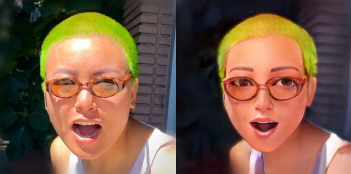A side-by-side comparison of Viv in a real photo and an AI-generated photo of her. She is wearing sunglasses and is making a funny open-mouthed face.