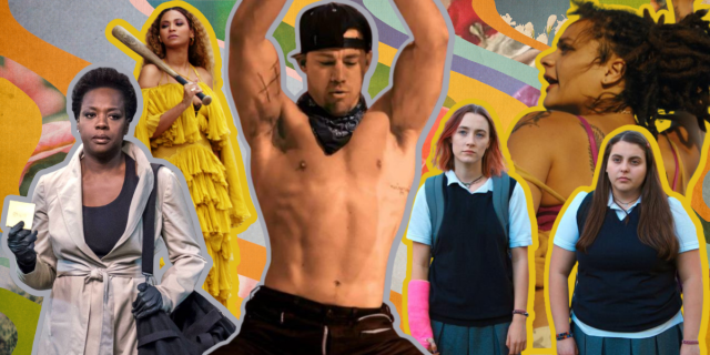 In front of a collage in a wavy background in colors of orange, green, purples, and blues there are cut outs of famous straight movies from the last ten years. L to R: Viola Davis in Widows, Beyonce in Lemonade, Channing Tatum in Magic Mike XXL, Saoirse Ronan and Beanie Feldstein in Lady Bird, and Sasha Lane in American Honey.
