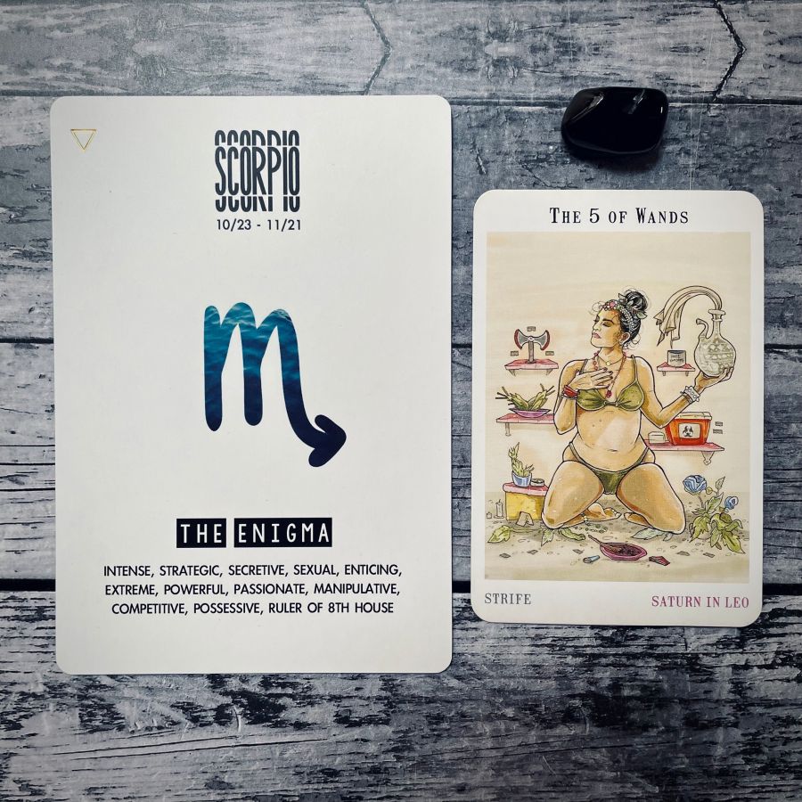 Left Card: Scorpio, the enigma, AINTENSE, STRATEGIC, SECRETIVE, SEXUAL, ENTICING, EXTREME, POWERFUL, PASSIONATE, MANIPULATIVE, COMPETITIVE, POSSESSIVE, RULER OF 8TH HOUSE  Right Card: The 5 of wands is a drawing of a woman in her underwear (green bra and panties) and her hair in a bun. She is kneeling on a floor that has flowers, above her are containers of plants.  Underneath it says: strife, Saturn in Leo