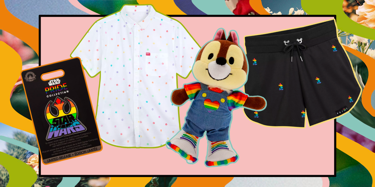 Disney Pride items: pin, button-down shirt, stuffed animal and shorts