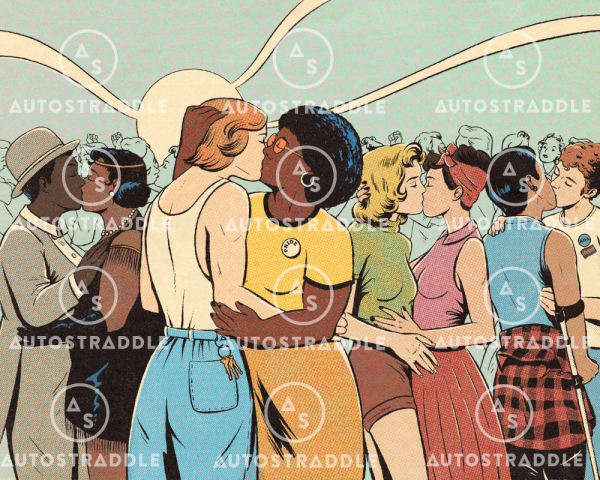 From left to right, an old-comic-style illustration depicts queer couples at a kiss-in protest. On the left is a 1920s Black, Harlem-Renaissance-esque butch / femme couple. The butch person is in a tan suit with bowler hat, the femme in a black flapper dress with fringe. They both have full arms and bodies. Then, to the right of them and in the foreground, is an interracial 1970s couple. A tall woman in white tank and blue jeans leans down to kiss a Black woman in a yellow tee wearing a beige skirt. She has an afro and orange tinted glasses and is wearing a "pride" button. Then to the right is a couple from the 1950s, one with light white skin and one with beige skin, about the same height. The light skinned person has blonde, shoulder length hair and is wearing period appropriate shorts and a knit turtleneck top. The person she is kissing has dark hair wrapped on the top of her head, and is wearing a collared shirt and a full skirt. To the right is a couple from the 1990s kissing, both are masc, and one on the left has medium brown skin and is using a crutch, the one on the right has orange hair and light skin. They are also kissing. The one on the left also has a red and black plaid shirt tied around their waist and the person they are kissing is wearing an ADA pin.