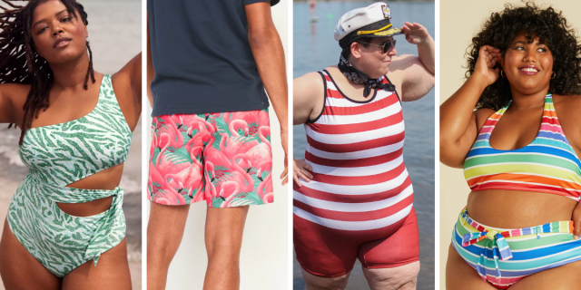 Queer Swimwear 2022: Photo 1: A Black woman wears a green and white asymmetrical swimsuit with cutouts on the side. Photo 2: A pair of flamingo patterned swim trunks. Photo 3: A white masculine of center person wears a white and red striped swim tank with red swim shorts. Photo 4: A Black woman wears a rainbow patterned bikini.