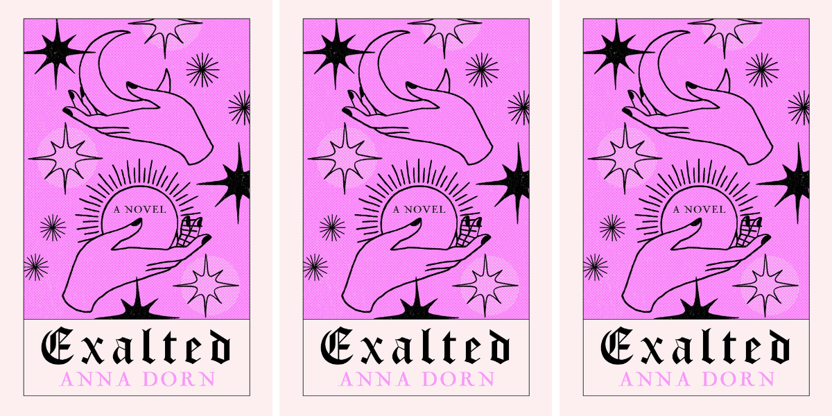 The cover of "Exalted" by Anna Dorn features an illustration of hands holding a moon and a sun and illustrated stars against a purple background. The image is repeated three times.