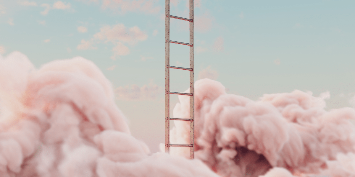 A surreal concept of a regular aluminium ladder pushing through a fluffy cloud on a peach sky background