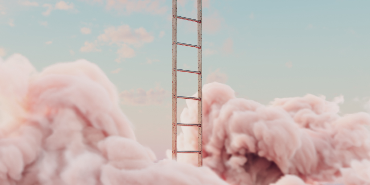 A surreal concept of a regular aluminium ladder pushing through a fluffy cloud on a peach sky background