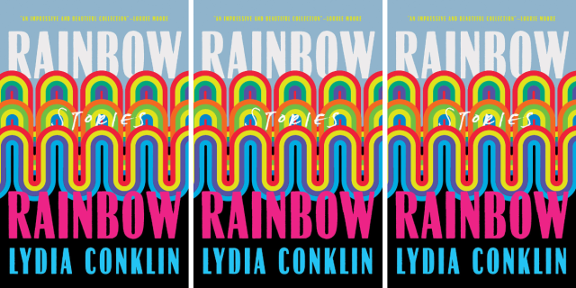 The cover of Rainbow Rainbow by Lydia Conklin features a swirling rainbow pattern. The image is repeated three times.