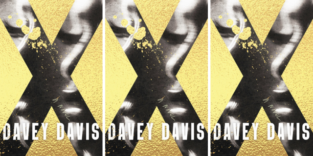 The cover of X by Davey Davis features a large black letter X against a gold background. The image is repeated three times.