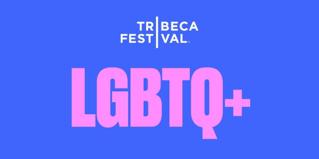 LGBTQ+ in pink font on a blue background