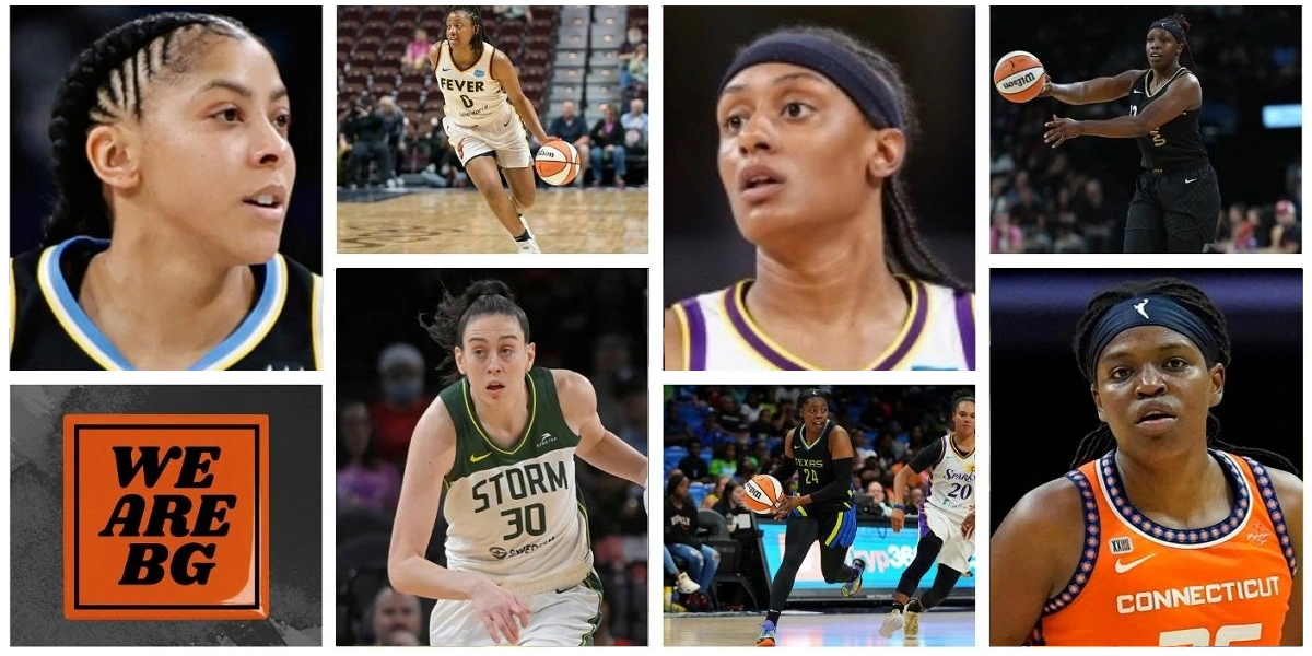 WNBA Feature Image includes Candace Parker, Kelsey Mitchell, Breanna Stewart, Brittney Sykes, Arike Ogunbowale, Chelsea Gray and Jonquel Jones. Also feautres the "We Are BG" insignia in support of Brittney Griner.,