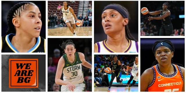 WNBA Feature Image includes Candace Parker, Kelsey Mitchell, Breanna Stewart, Brittney Sykes, Arike Ogunbowale, Chelsea Gray and Jonquel Jones. Also feautres the "We Are BG" insignia in support of Brittney Griner.,