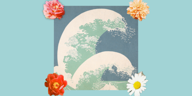 Two illustrated waves crash against a blue background. There are four flowers in each corner of the image.