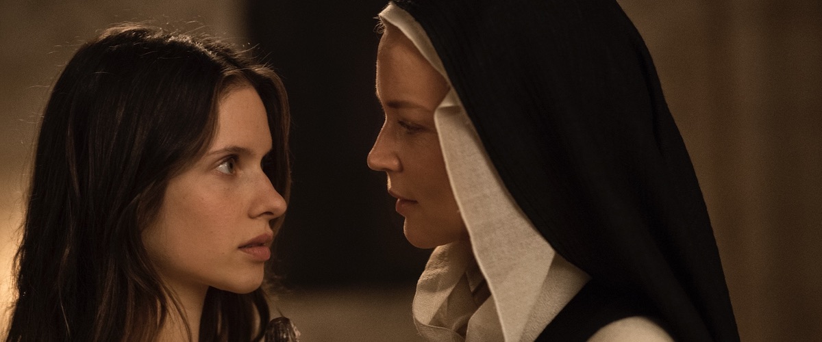 Still from "Bendetta" of a nun and a girl gazing into each other's eyeballs