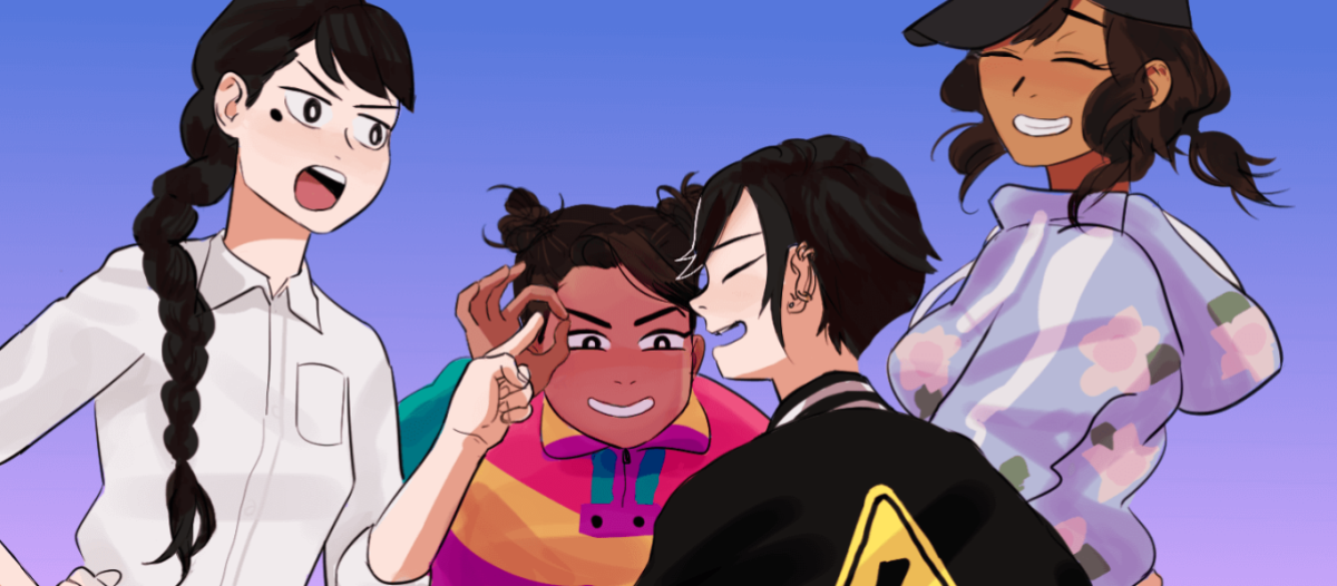 screenshot of the game butterfly soup where four asian high school girls are laughing in a group together