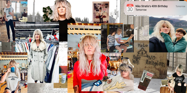 A collage of personal photos of the writer, Niko Stratis, who is a white woman with long blonde hair.
