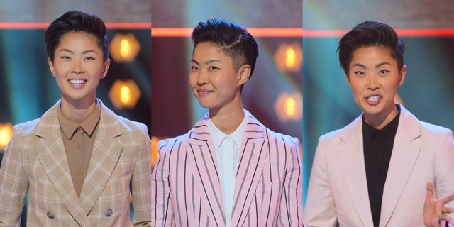 Kristen Kish in three different suits she wore while co-hosting Iron Chef