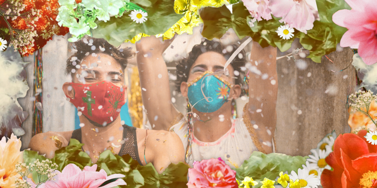 Two queer-looking people in masks celebrating with confetti, a flower frame wraps around them