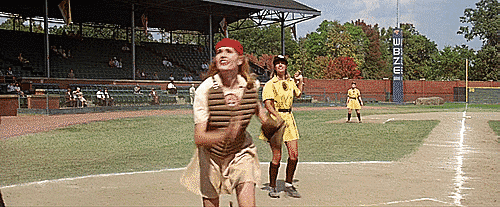 In a gif of A League of Their Own, Dottie Hinson does a full split to catch a fly ball.