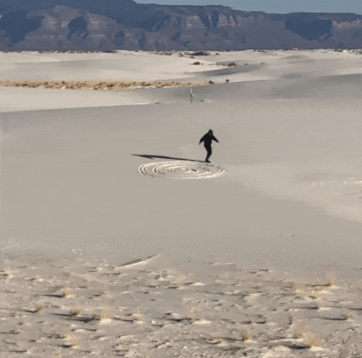 A gif sequence of Viv shot from afar. She’s in the desert making a spiral with her feet and it grows bigger and bigger.