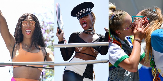 A three-photo collage from WeHo Pride: Michela Jae Rodriguez, Janelle Monae, JoJo Siwa