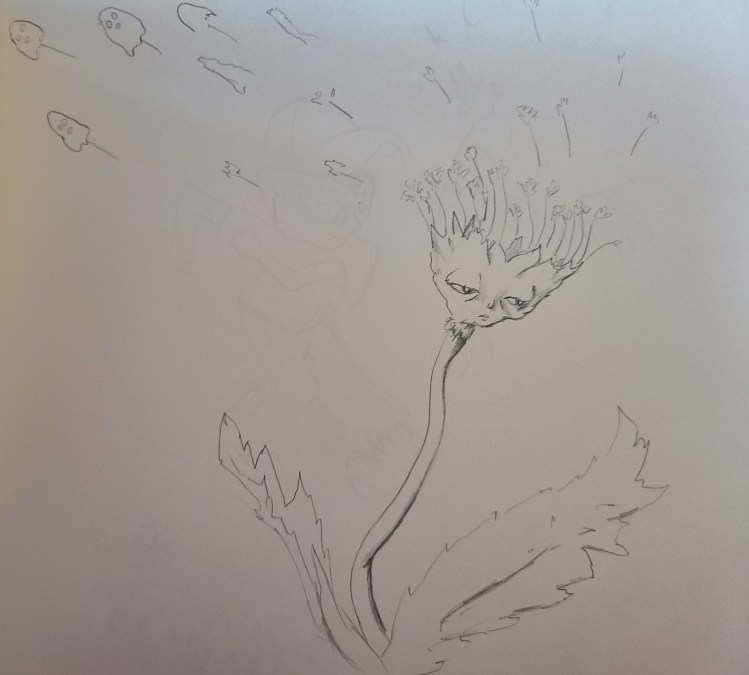 a sketch of a cartoon dandelion, looking tired. it leans to the side, eyes growing tired and listless, as the fluffy seeds disperse into the air. as they waft away, the seeds become ghosts.