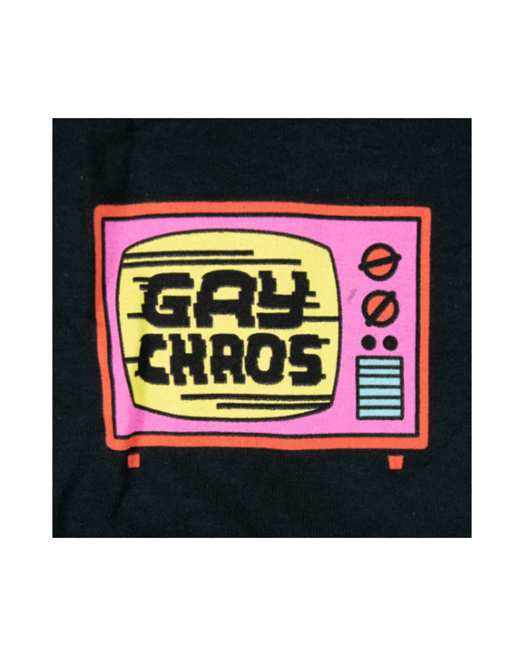 A close up of the "GAY CHAOS" logo on the tank top.