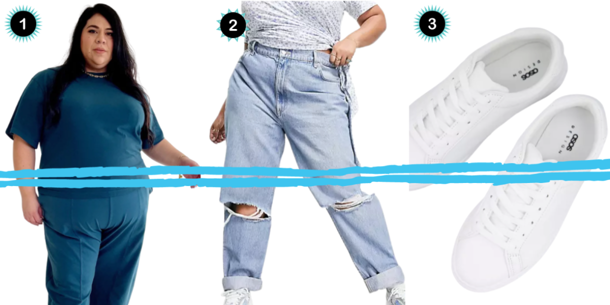 A collage of three images, all behind a double blue stripe with a choppy edge: A plus size woman in a aqua blue t shirt and matching aqua blue cloth pants, a pair of baggy distressed jeans, and a pair of white low top sneakers