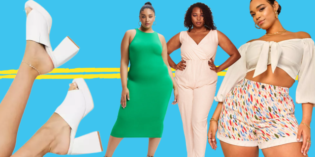 A collage in front of a bright blue background with a yellow double strip that has a jagged edge: A close up of chunky white slide on heels, a plus size woman in a green body con dress, a black woman in a beige jumpsuit, and a close up of a brown skinned woman in a cream off-shoulder crop top and colorful shorts