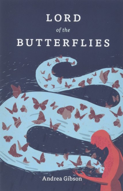 Book cover of Lord of the Butterflies by Andrea Gibson (which is an illustration of grey butterflies against a light blue swirl and a navy blue sky, with a red figure of a person in the front)