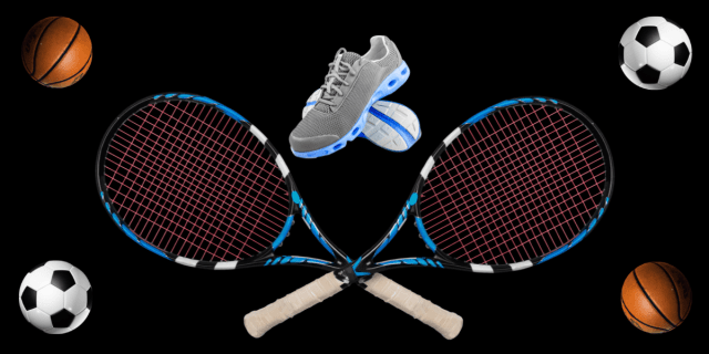 Against a black backdrop are collaged two crossed tennis rackets, with a pair of sneakers hovering above them. Each corner is occupied by a basketball or a soccer ball, two of each.