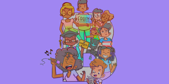 Against a lavender background is a a faint outline of letter B, bursting beyond the seams of that outline are a variety of different Black people, clockwisee: A young Black child holding up a rainbow Equality sign, a black couple one with short black hair and light skin and one with blonde hair and a small child, a black person in shirt with the trans Pride flag, T'Challa from Black Panther, a young black girl with braids and a turquoise t-shirt, a young light skin black child with red hair playing a video game, a Black woman singer, a Black child with glasses graduating, and a Black woman with a blonde bun wearing glasses.