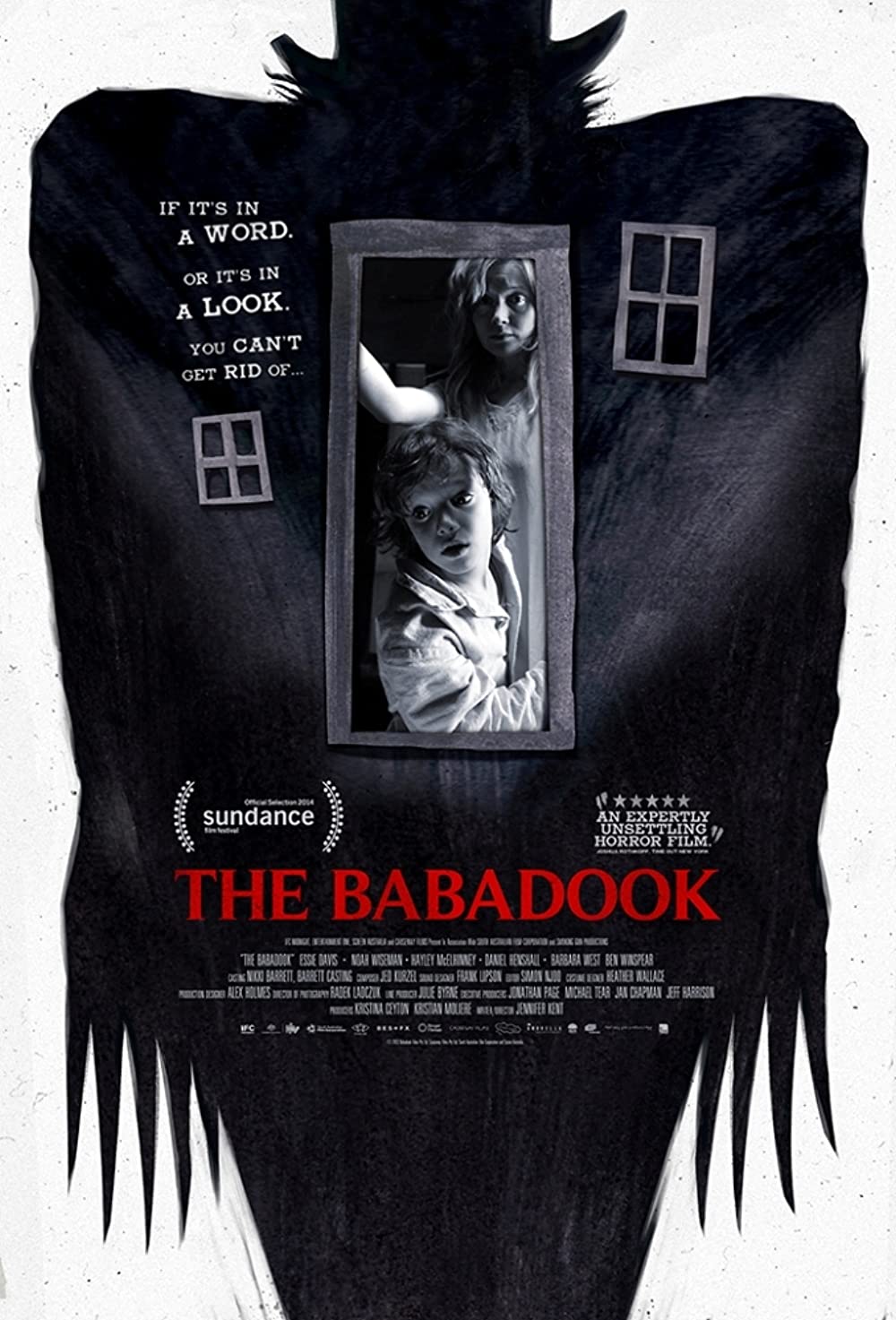 the cover of the babadook featuring a frightened woman peering through a door in a shadowy figure