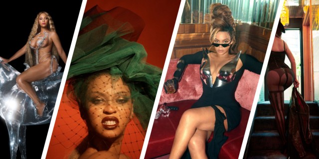 In a diagonal four-way collage: Beyonce is nude with silver pasties on a silver unicorn, Beyonce making a mean face with a green hat in front of red background, Beyonce in a futuristic black dress lounging in a red colored club with sunglasses and a drink of brown liquor, and finally the back of Beyonce climbs stairs in a thong bodysuit.