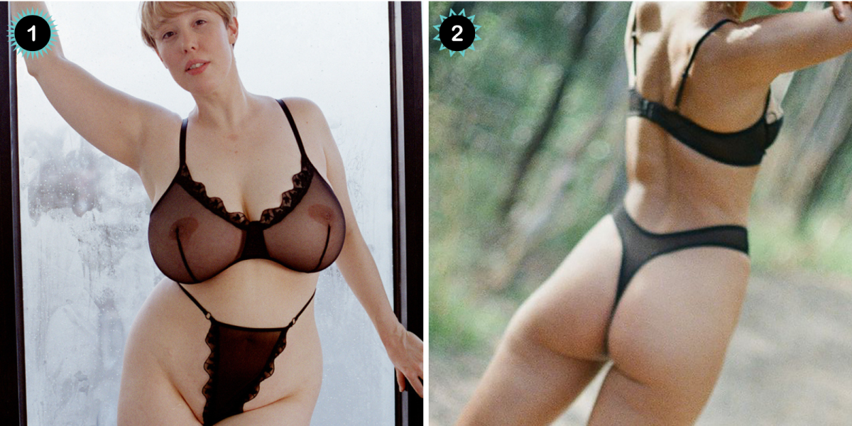 Two photos: 1) A woman with large breasts with a blonde pixie in a mesh see through bra with dark black scalloped edges and a black scalloped thong, 2) A woman outside wearing a see through sporty thong
