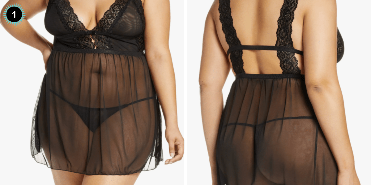 A front and back image of a black mesh babydoll dress with soft cups and a black thong underneath the dress.  The back of the dress has lace straps that have a bar of fabric connecting across the shoulders.