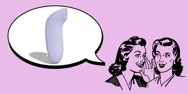 In the bottom right corner of the image, there is a black line drawing of two women with 1950s hairstyles whispering to each other against a pink background. In the upper left corner, there is a speech bubble. Inside the speech bubble, there is an image of a periwinkle silicone sex toy with a long hand and a slight curve at the top with a small opening for suction.