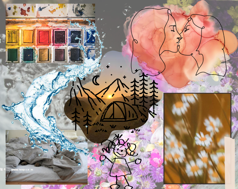 A collage featuring two people kissing, a set of watercolors, a splash of water, a drawing of a stick person, daisies out of focus, and an unmade bed, and lots of flowers
