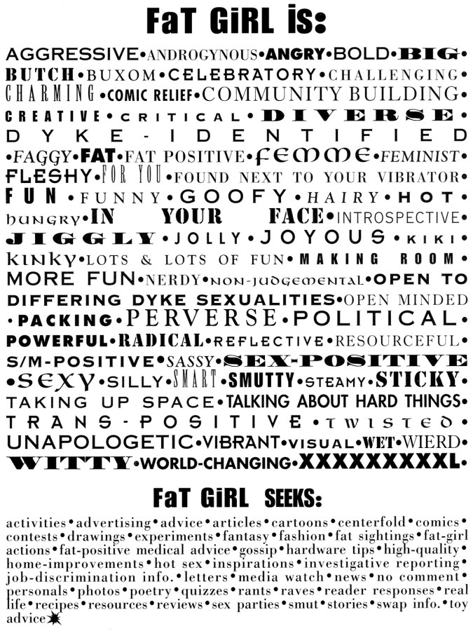 a page from FaT GiRL zine titled "FaT GiRL is:" and then imploring "FaT GiRL seeks:" with lists for both