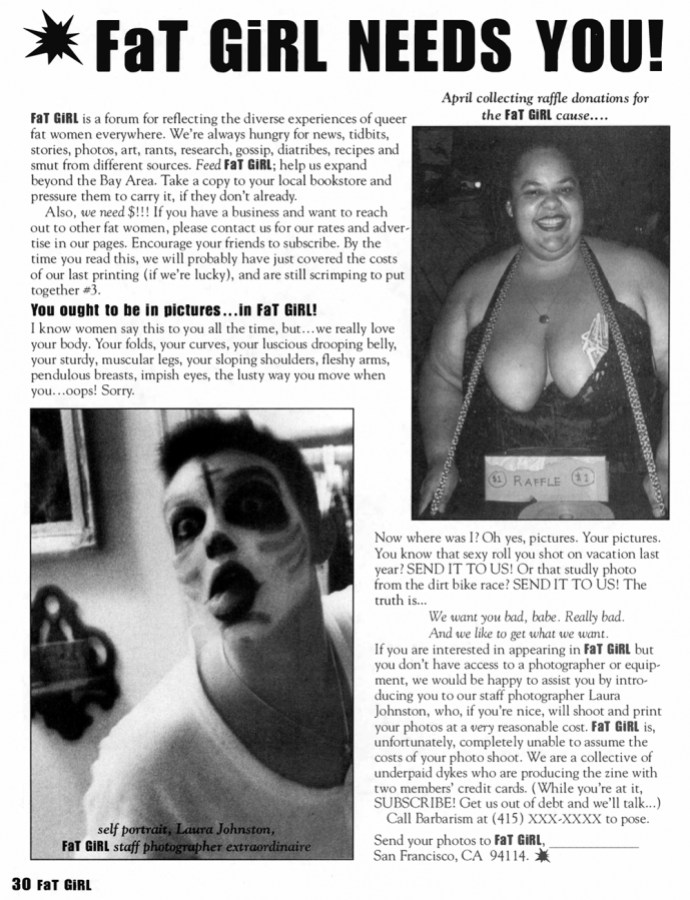 a page from FaT GiRL zine titled FaT GiRL NEEDS YOU! with a call for submission and photos of fat happy people