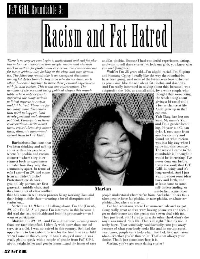 a page from FaT GiRL zine titled "FaT GiRL Roundtable 3: Racism and Fat Hatred"