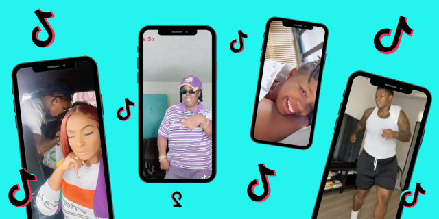 Four phones with screenshots of various TikTokson a light teal background, the TikTok logo floats in between them all