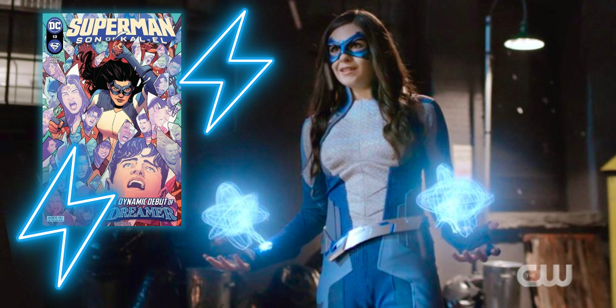 In a collage, Nia Nut from Supergirl (actress Nicole Maines) is in her blue Dreamer suit and shooting blue electricity out of her hands while smiling in a dark warehouse, next to her are electric blue thunderbolts framing the special edition of Superman that Nicole Maines wrote, staring Nia (you can see Nia's face clearly drawn on the cover)