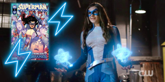 In a collage, Nia Nut from Supergirl (actress Nicole Maines) is in her blue Dreamer suit and shooting blue electricity out of her hands while smiling in a dark warehouse, next to her are electric blue thunderbolts framing the special edition of Superman that Nicole Maines wrote, staring Nia (you can see Nia's face clearly drawn on the cover)