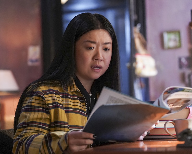 Alice, in her loft, wearing a yellow plaid flannel shirt, reads from the training manual.