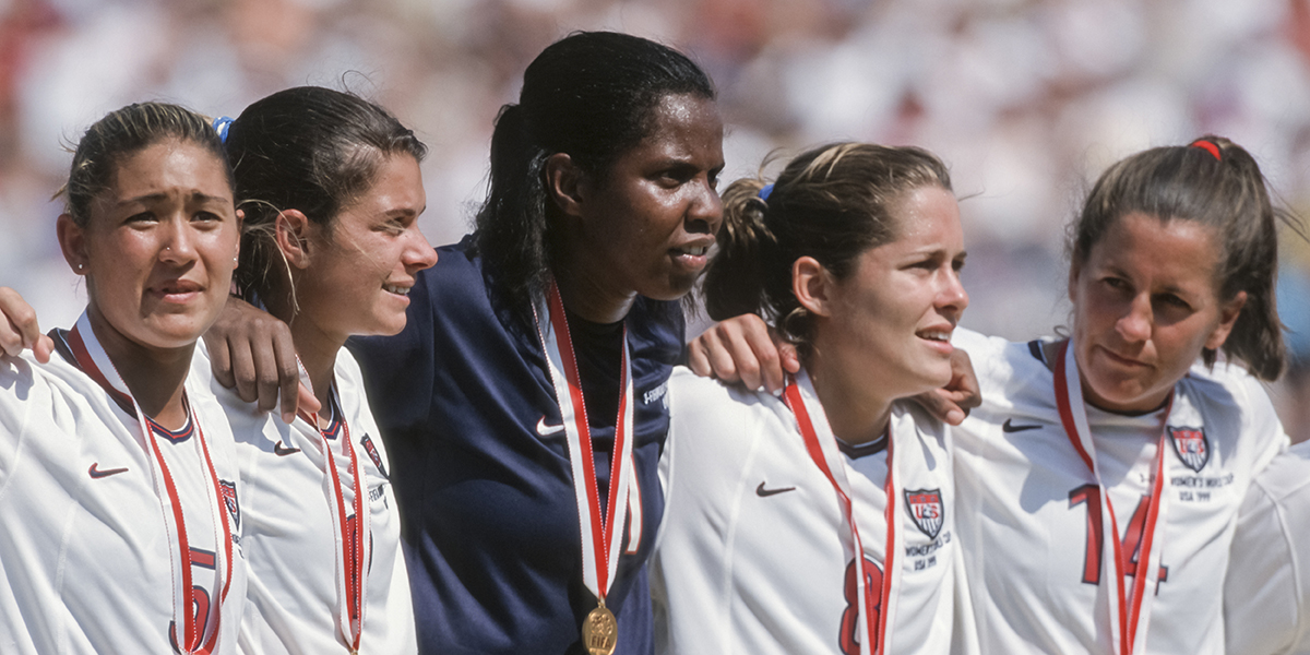 ULY 10: Tiffany Roberts #5, Mia Hamm #9, Briana Scurry #1, Shannon MacMillan #8, and Joy Fawcett #14 of the USA celebrate winning the 1999 FIFA Women's World Cup final played against China on July 10, 1999 at the Rose Bowl in Pasadena, California.