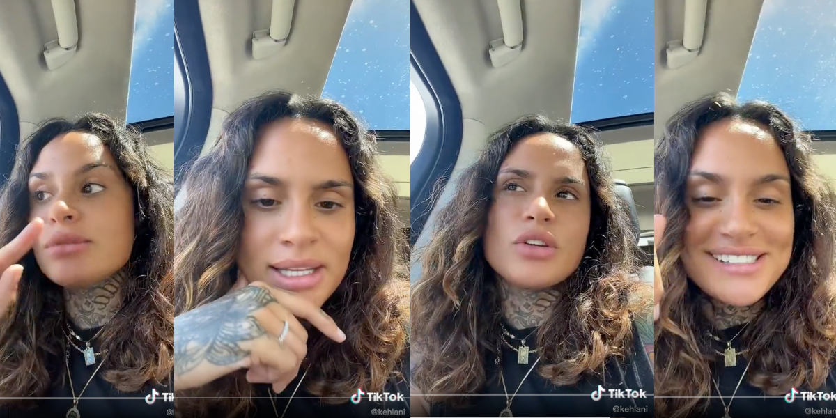 A collage of Kehlani talking to a camera on TikTok in her car. Behind them the sky is blue. They have tattoos on their hands, their hair is parted down the middle.