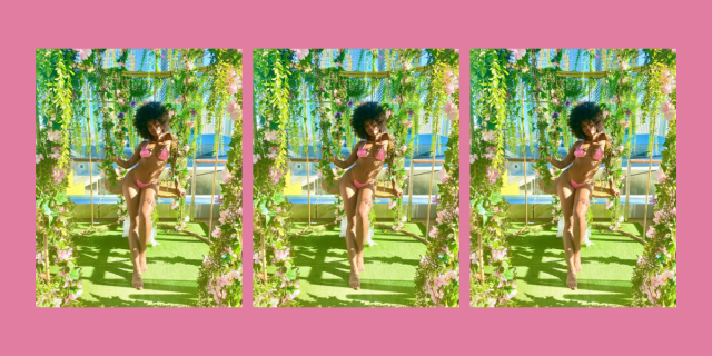 Javicia Leslie wears a pink string bikini while posing in a garden of flowers and vines. The image is repeated three times against a pink background.